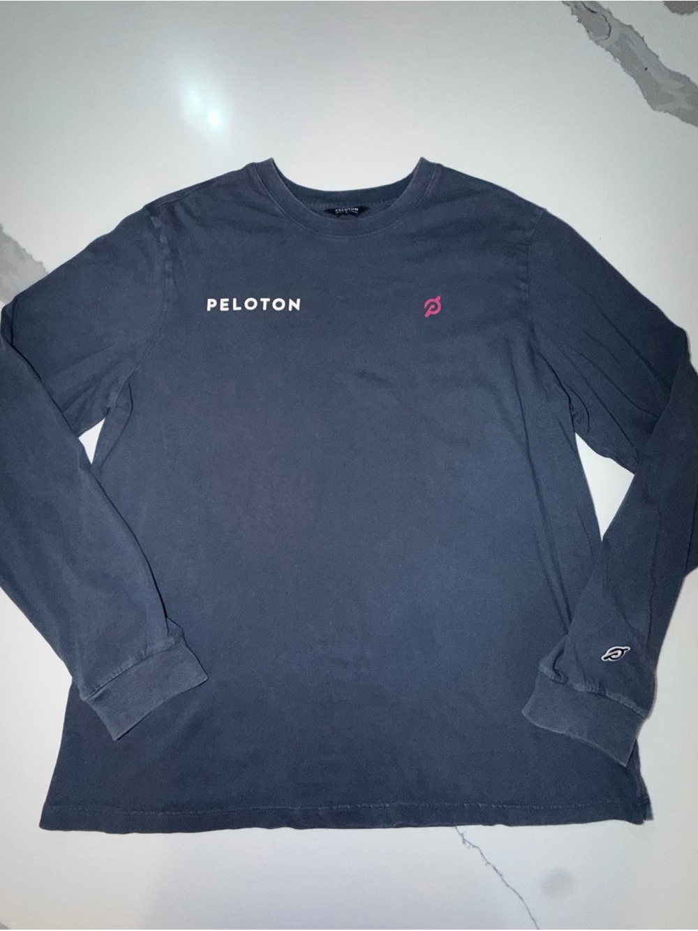 Peloton Men’s Long-Sleeve Tee in Dark Blue with Pink Logo